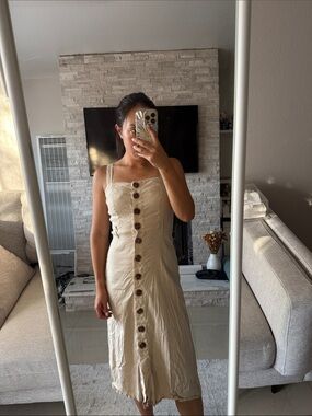 Forever 21 Cream Button-Front Midi Dress with Brown Buttons